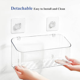 Versatile shelf for bath toys, shampoo, and cosmetics.
