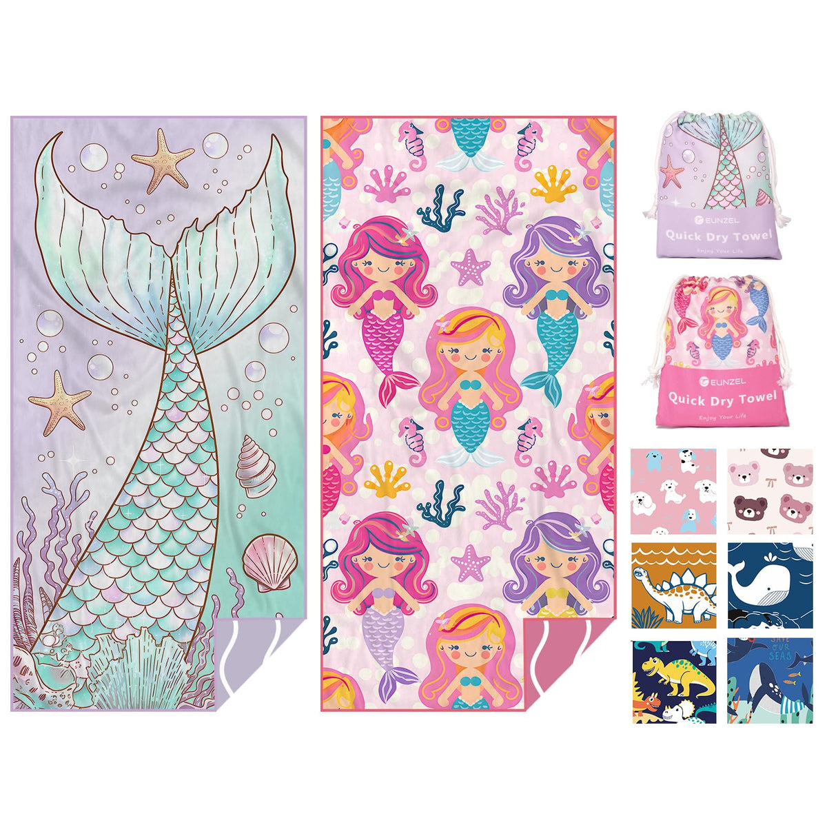 Eunzel mermaid-tail towel offers quick-drying softness for kids.