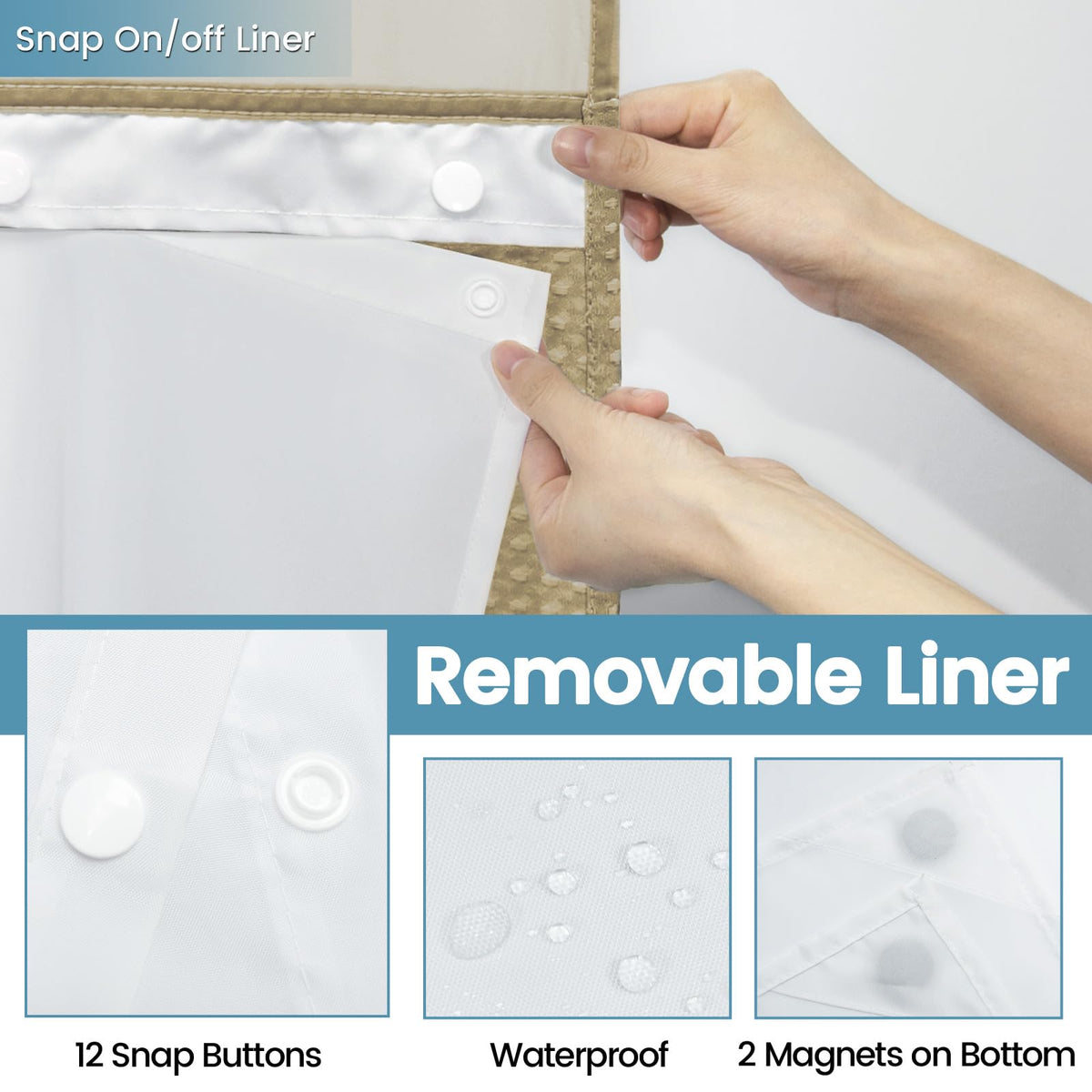 EUTXL beige shower curtain in a bathroom setup showing easy hanging