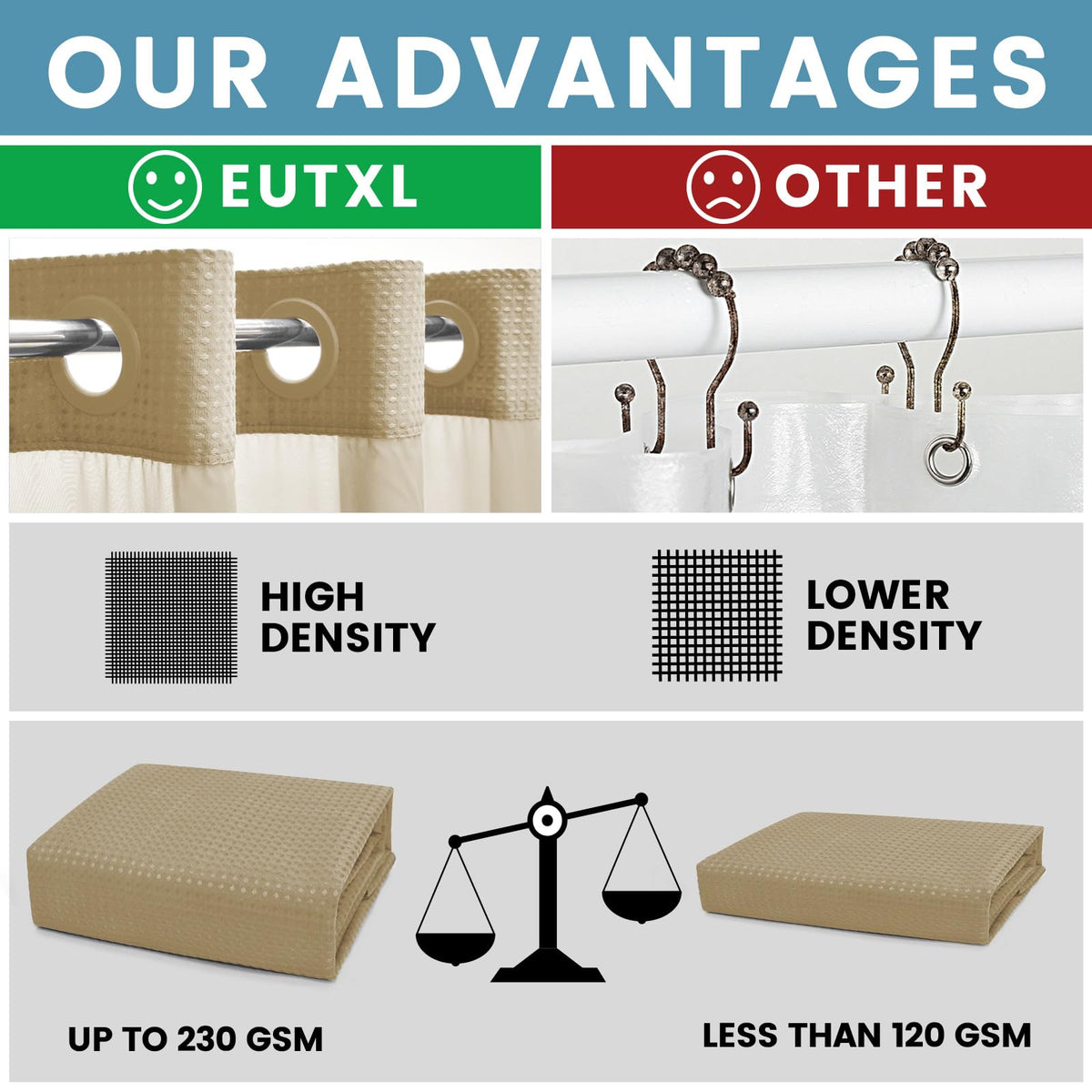 EUTXL beige shower curtain with snap-in liner closeup for easy setup
