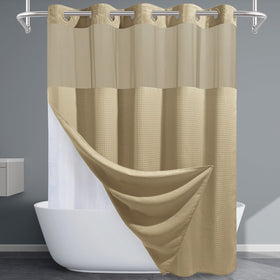 EUTXL beige shower curtain with waffle weave closeup, premium cotton-like texture