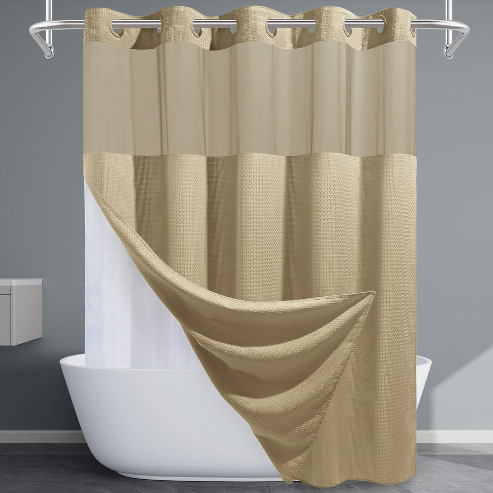 EUTXL beige shower curtain with waffle weave closeup, premium cotton-like texture