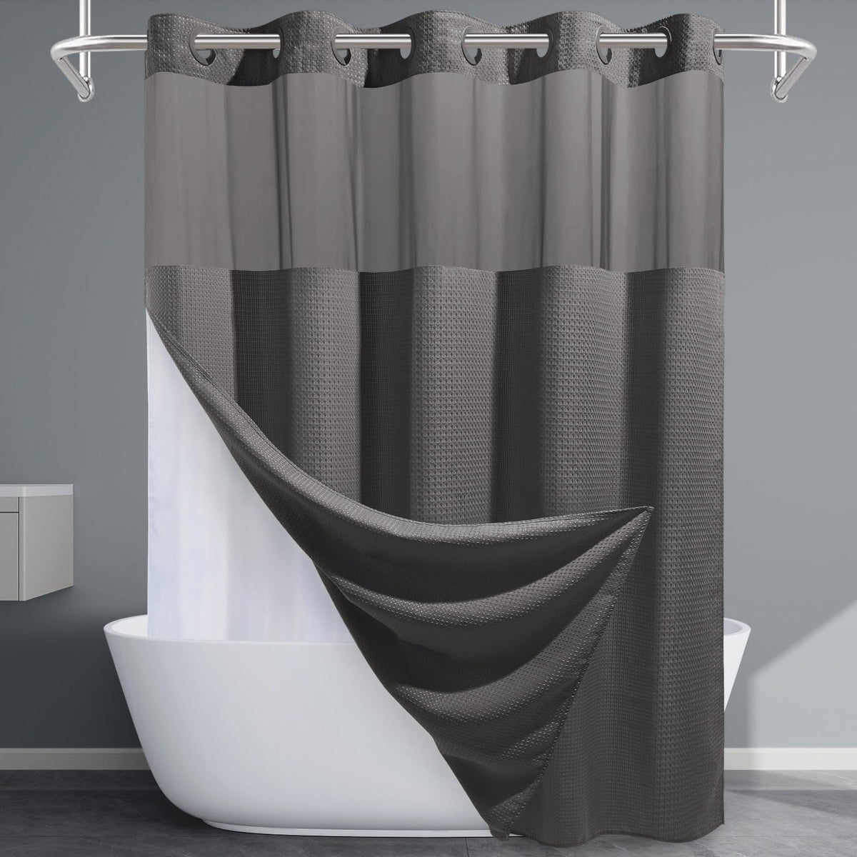 EUTXL Charcoal Grey shower curtain with waffle weave, durable fabric