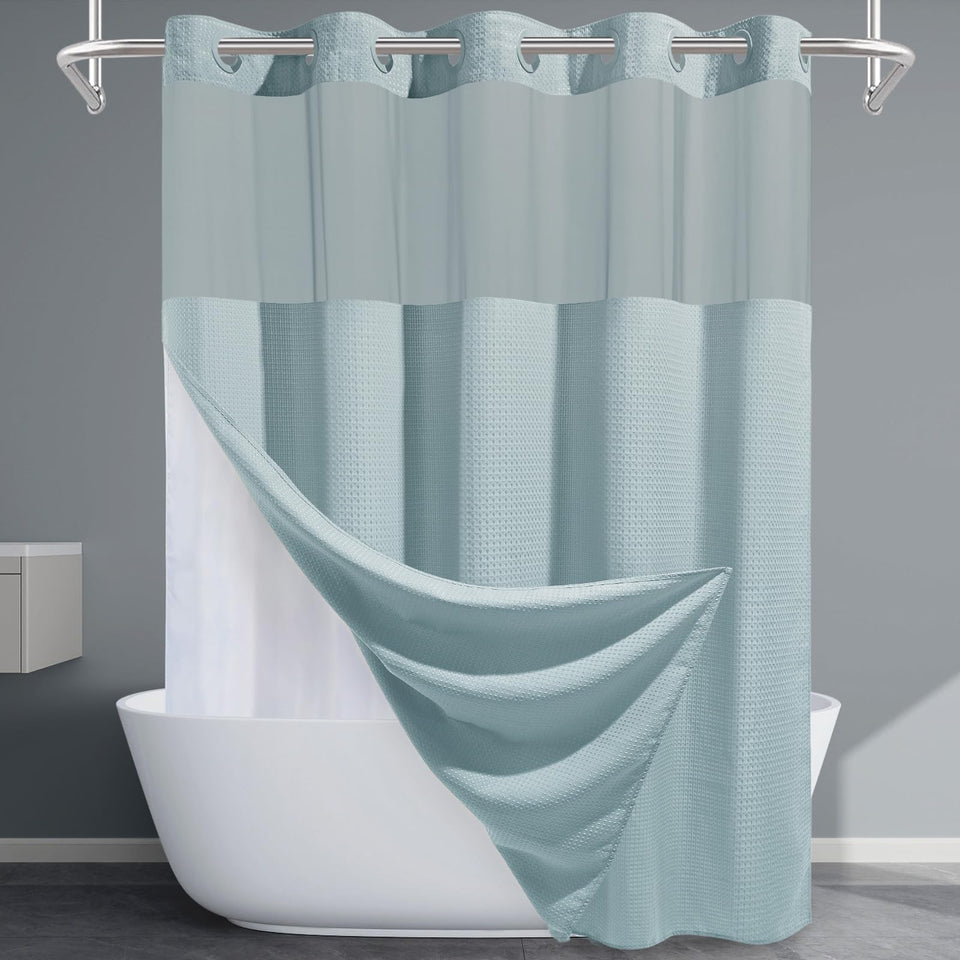 EUTXL Fog Blue shower curtain on rod with premium fabric feel and snug fit.