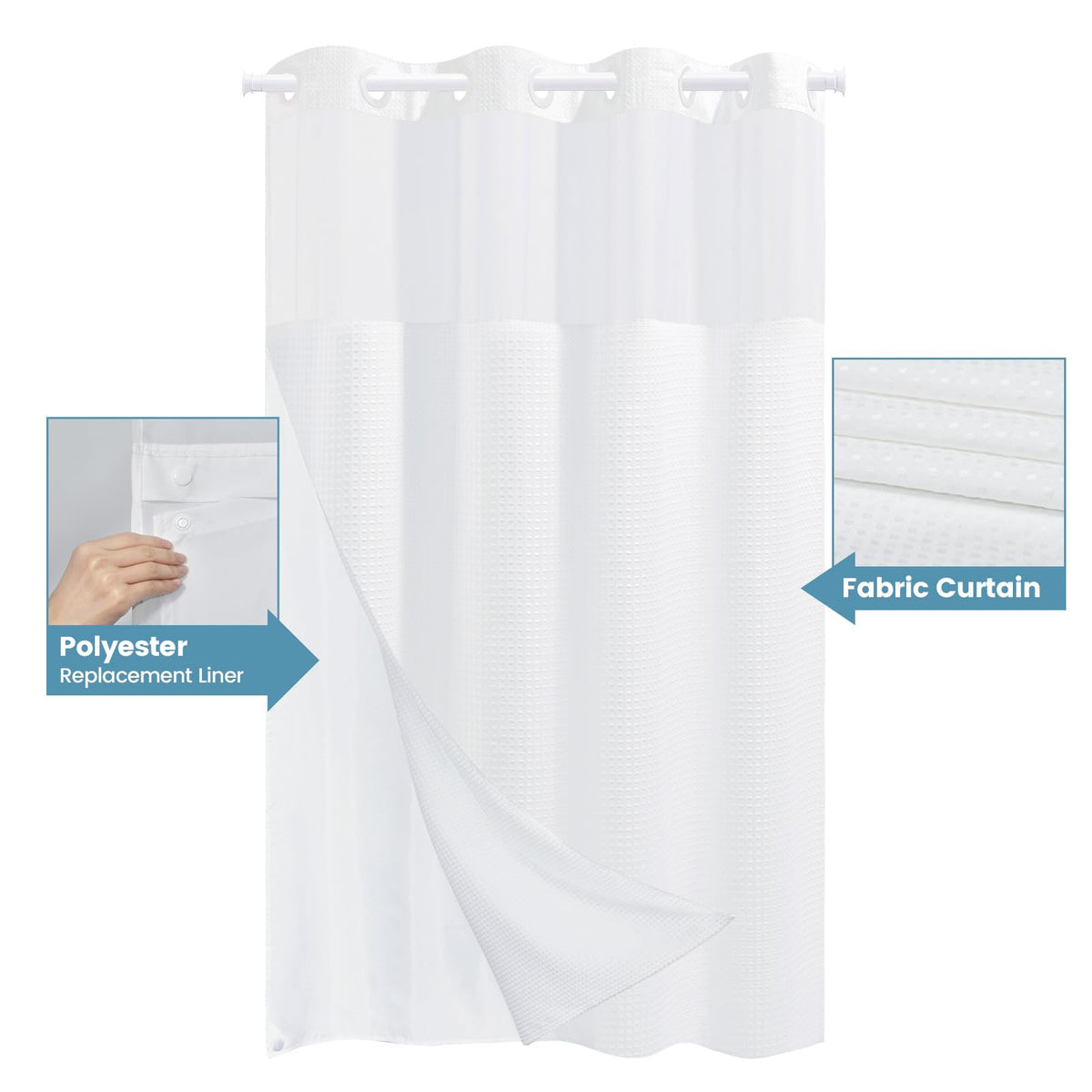 EUTXL heavy weighted hem keeps the curtain in place during showers.
