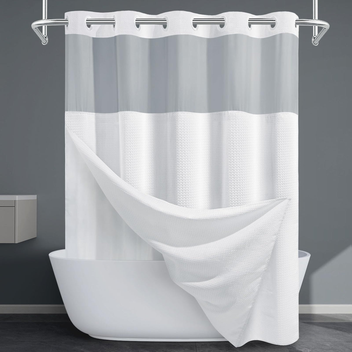 EUTXL long no-hook shower curtain with snap-in liner shows durable 230gsm fabric for a spa-like bathroom.