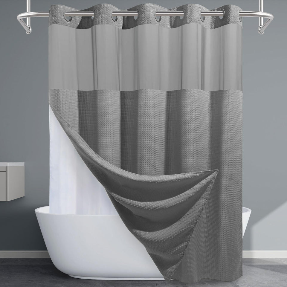 EUTXL long no-hook shower curtain with waffle weave texture for premium bathroom style.