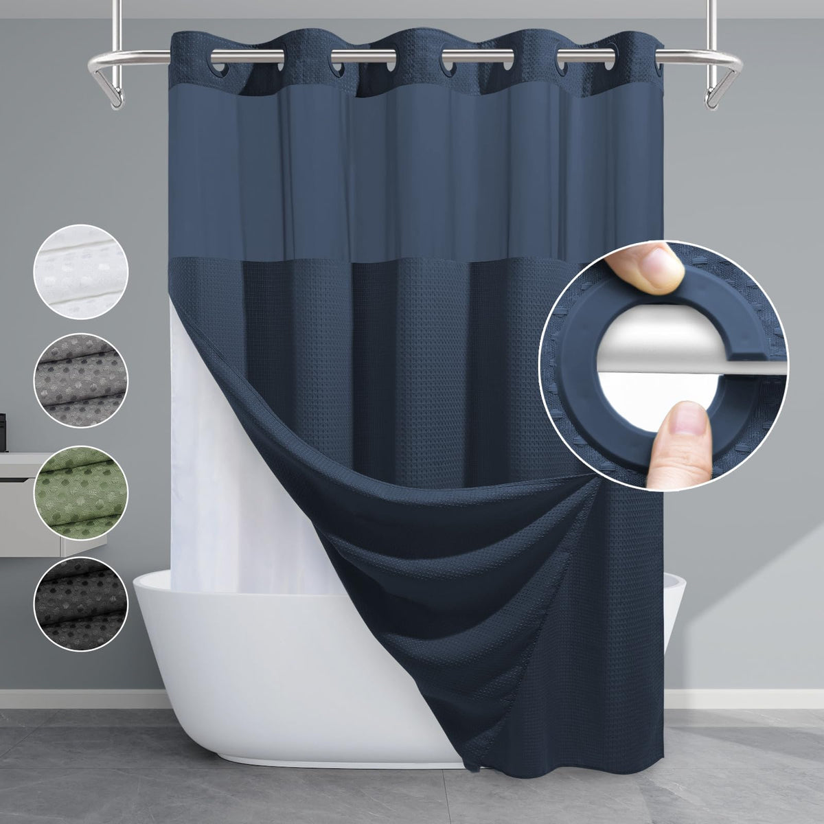 EUTXL navy blue no-hook shower curtain enhances bathroom style and privacy.