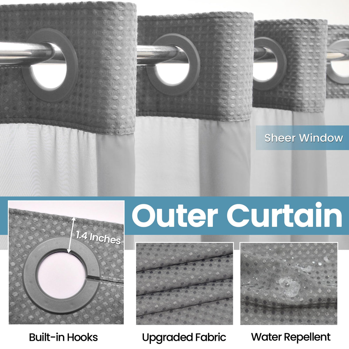  magnets at corners keep the curtain in place on the EUTXL stall no hook curtain