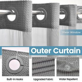  magnets at corners keep the curtain in place on the EUTXL stall no hook curtain