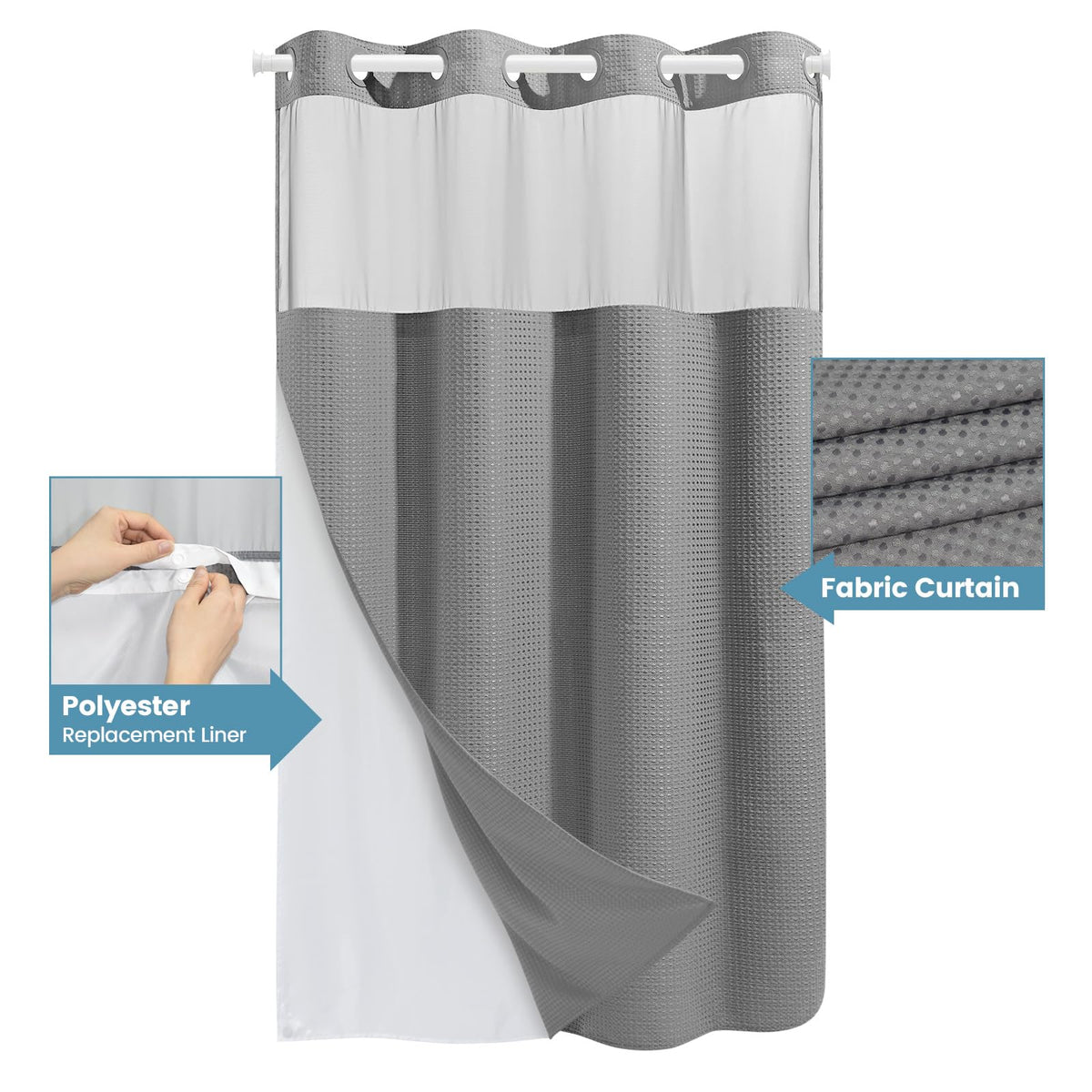 EUTXL stall no hook curtain with snap in liner for easy replacement