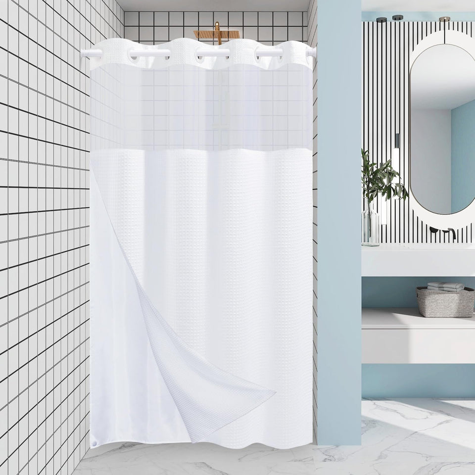 EUTXL Stall No Hook Shower Curtain with snap-in liner offers quick setup and secure fit.