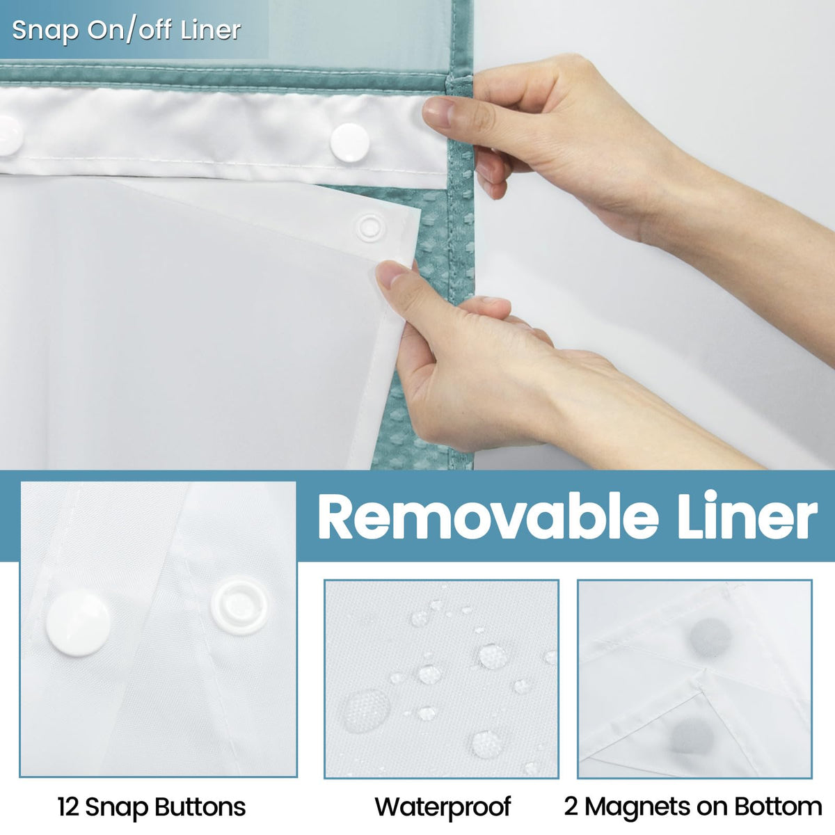Spa-like bathroom setup featuring EUTXL teal curtain and premium texture.