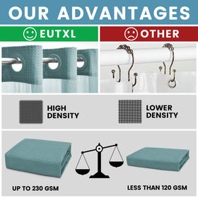 EUTXL teal no-hook curtain with dimensions 71x74 for standard baths.