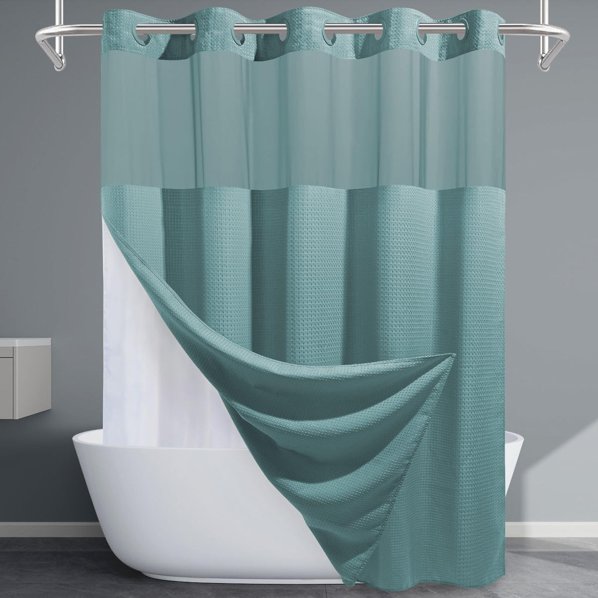 EUTXL teal no-hook curtain close-up shows waffle weave and cotton-like feel for durability.