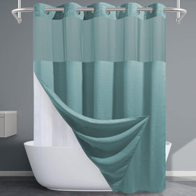 EUTXL teal no-hook curtain close-up shows waffle weave and cotton-like feel for durability.