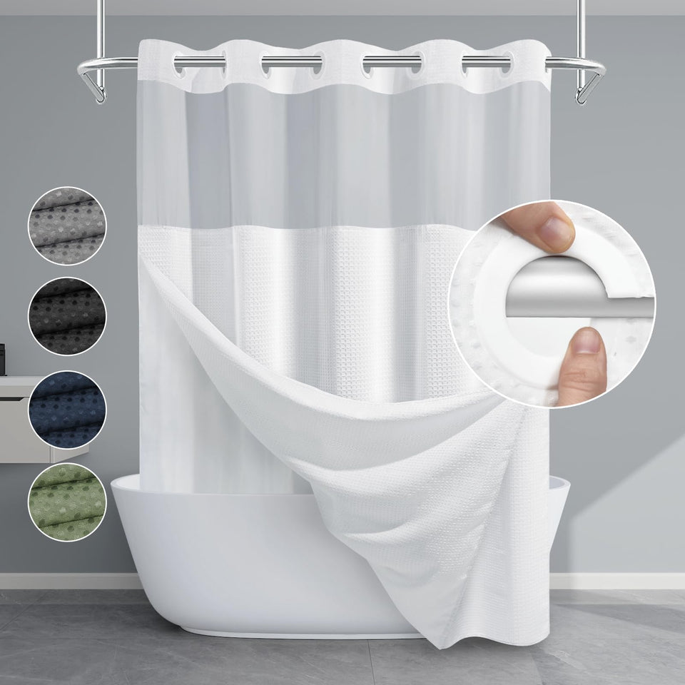 EUTXL white no-hook shower curtain with snap-in liner for easy setup and clean lines.