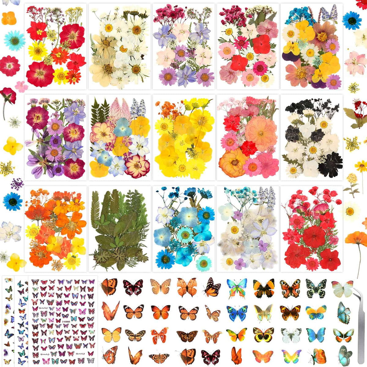 Evatage 630-piece dried flowers with butterfly stickers for crafts, ideal for resin projects.