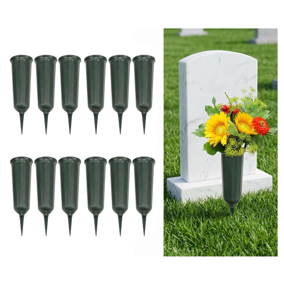 Evelots cemetery vase with spikes keeps grave arrangements secure.