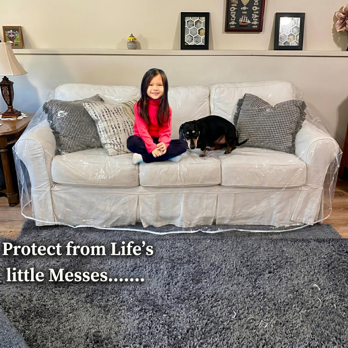 Evelots clear couch cover is easy to wipe clean after spills and messes.
