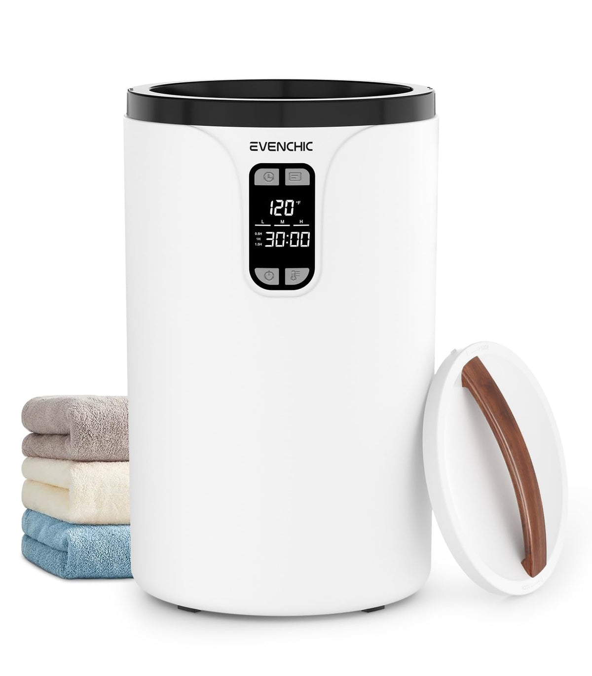 Evenchic towel warmer front view highlighting ample 20L capacity for towels and bathrobes.