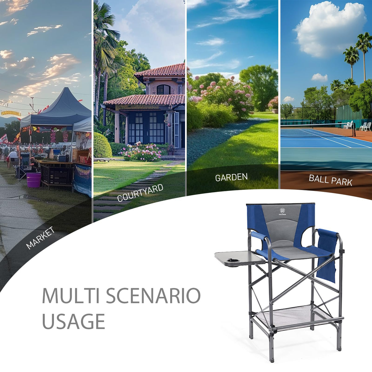 EVER ADVANCED chair in blue and grey for indoor or outdoor use.