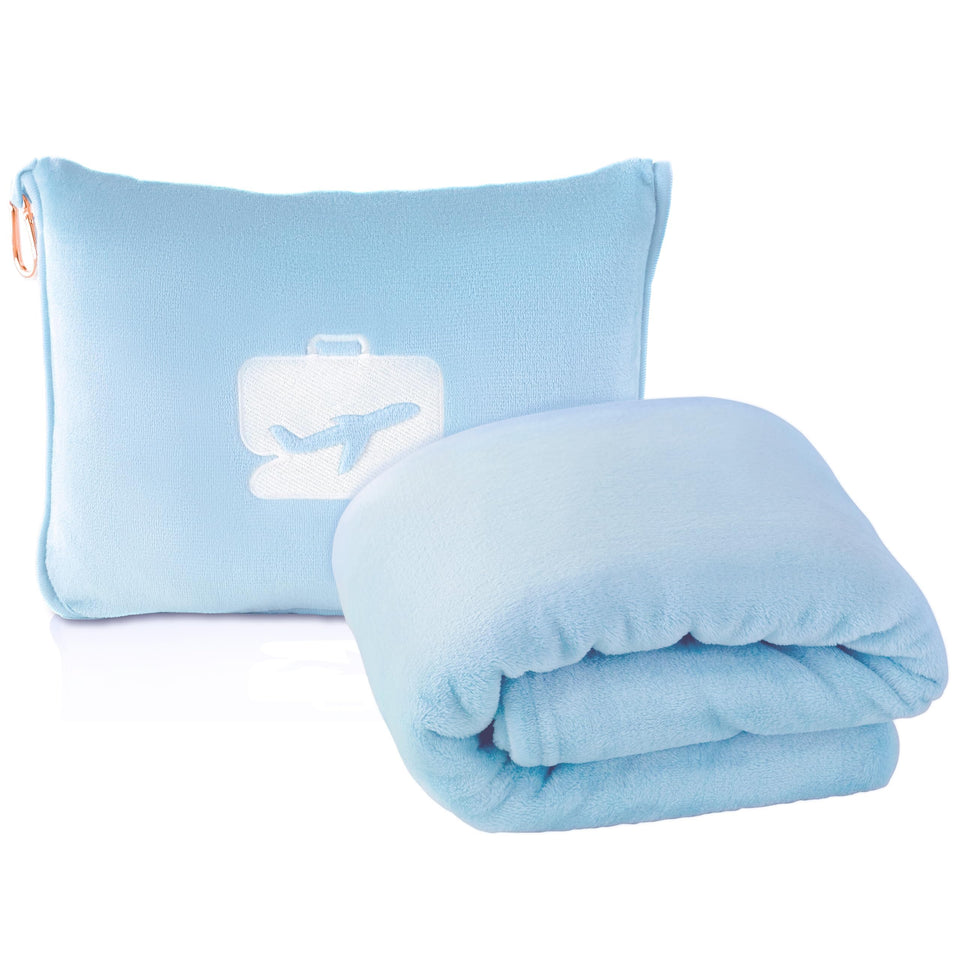 EverSnug travel blanket in ice blue spread on a plane for warmth