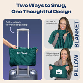 EverSnug travel blanket teal spread over airplane seat for cozy warmth