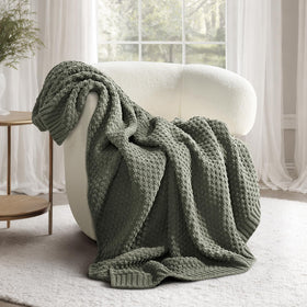 Evergracehome chunky chenille knit throw displays moss stitch on sofa for cozy texture.