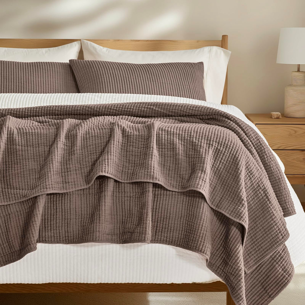 EVERGRACEHOME cotton coverlet set in mocha brown draped on bed for year-round warmth