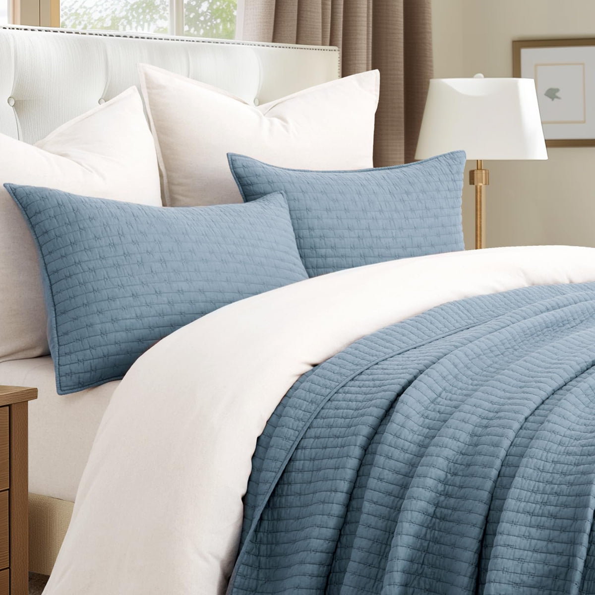 Evergracehome Kinsey dusty blue quilt close-up showing texture.