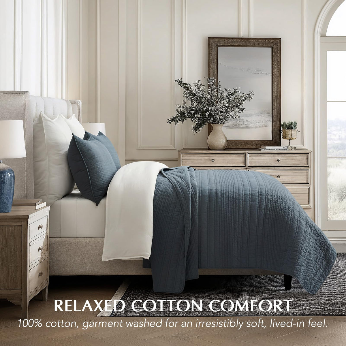 EVERGRACEHOME quilt stitch detail in midnight blue shows refined craftsmanship
