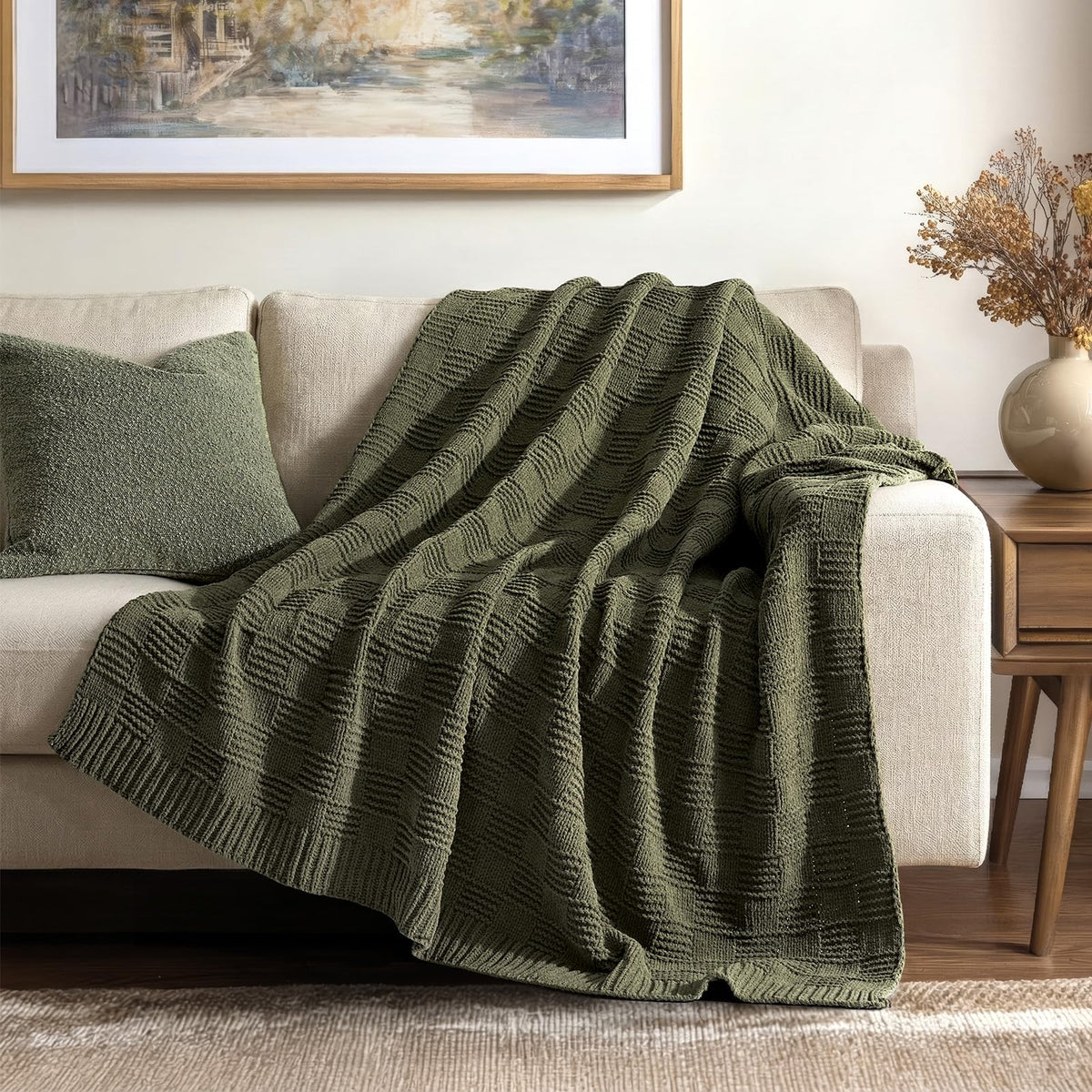 Evergracehome modern checkered chenille throw draped over a sofa for cozy style.