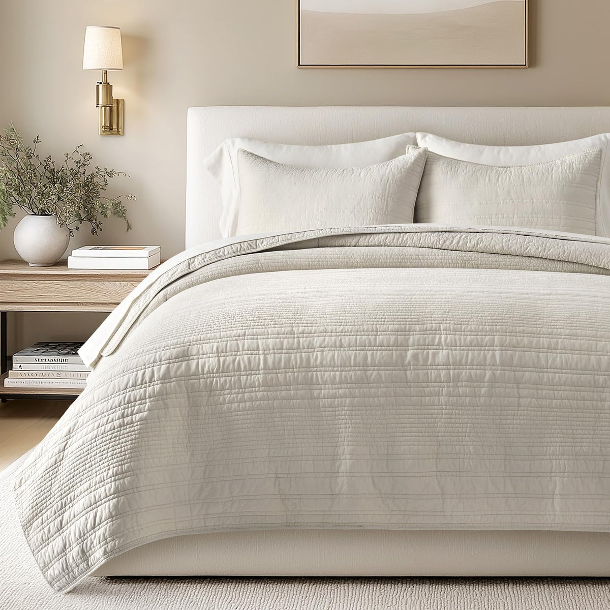 EVERGRACEHOME Modern Lines Quilt king coverlet adds modern texture to a cozy bed.