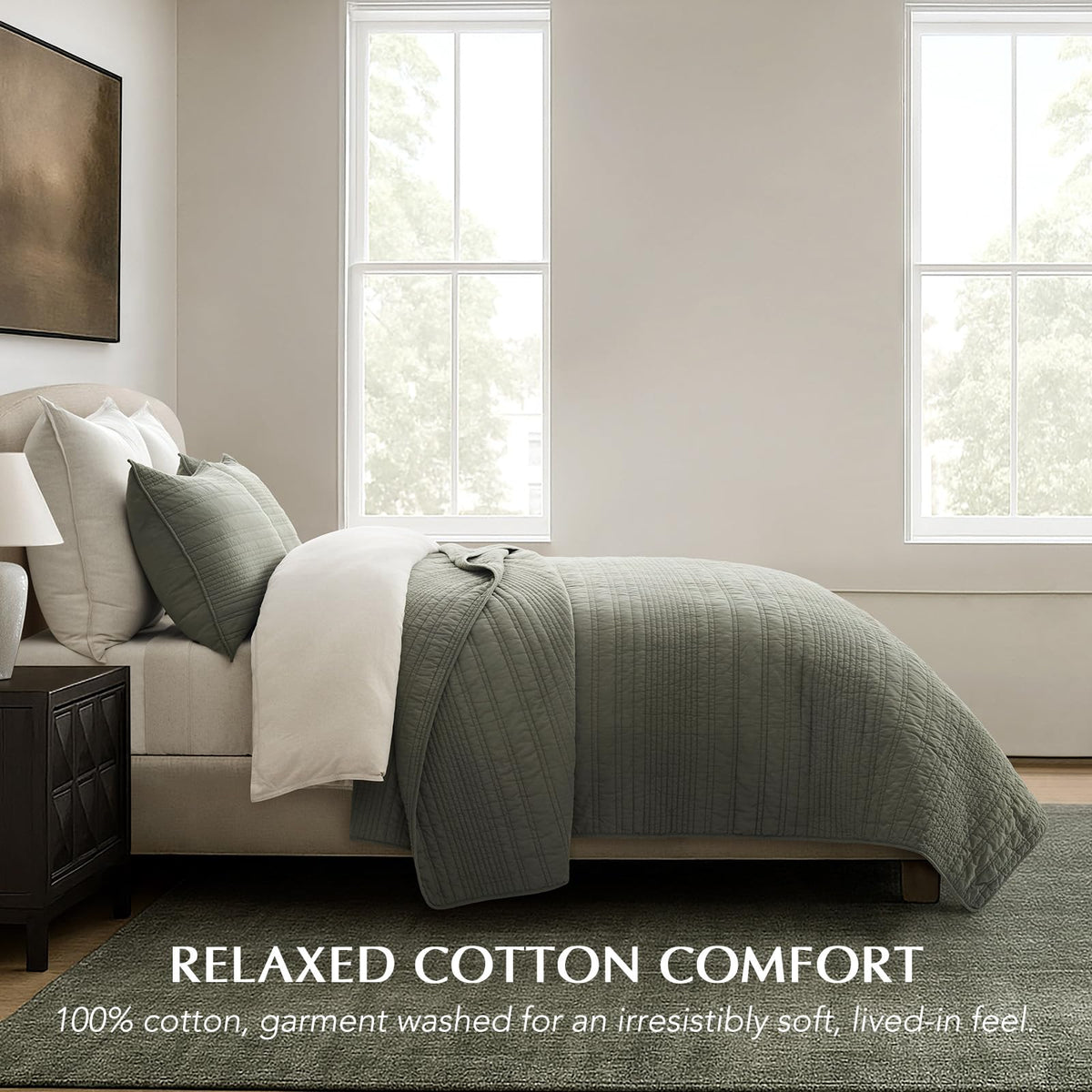 Evergracehome modern lines quilt king olive green on bed emphasizes soft drape and versatile styling.