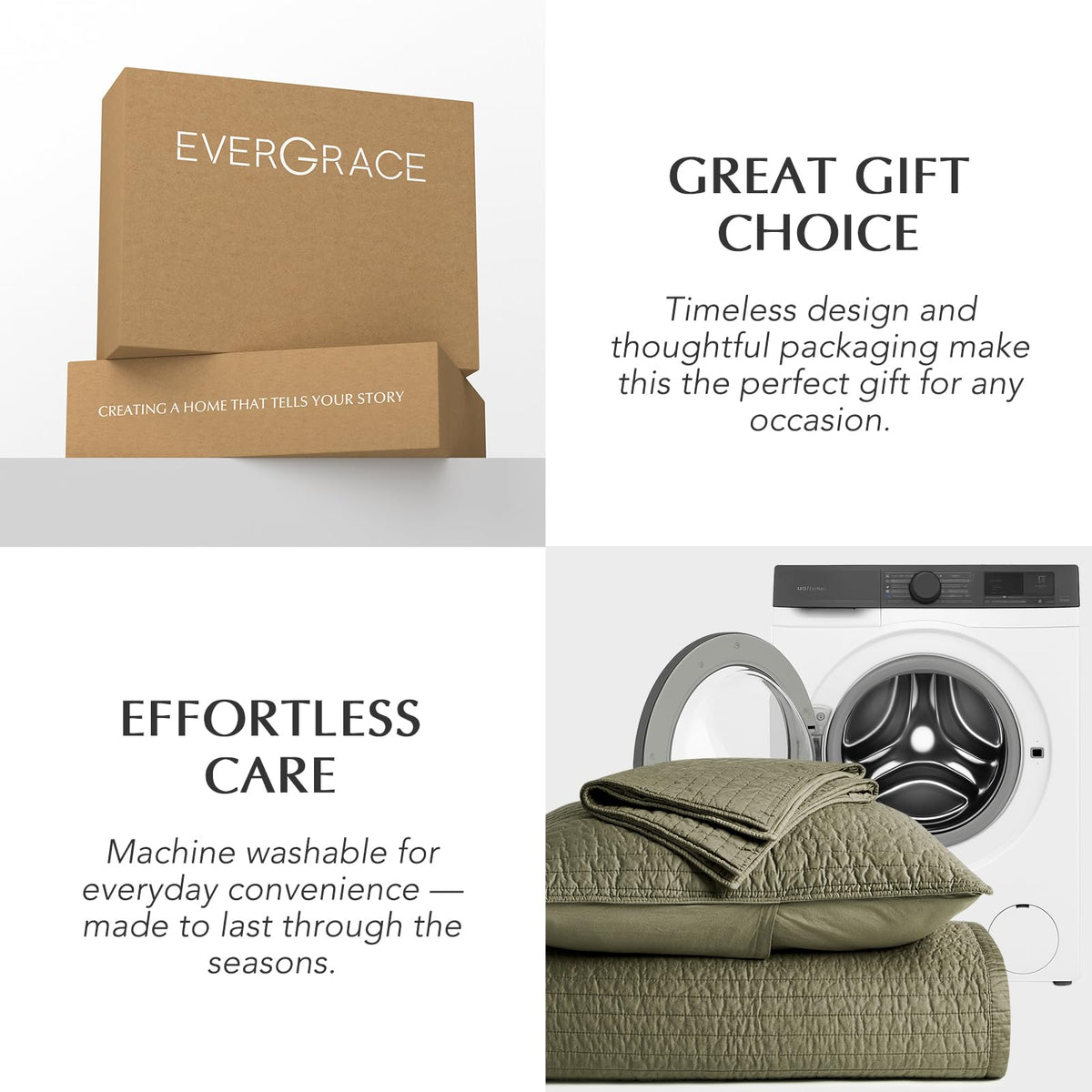 EVERGRACEHOME packaged set showcases compact, lightweight bedding ideal for all-season use.