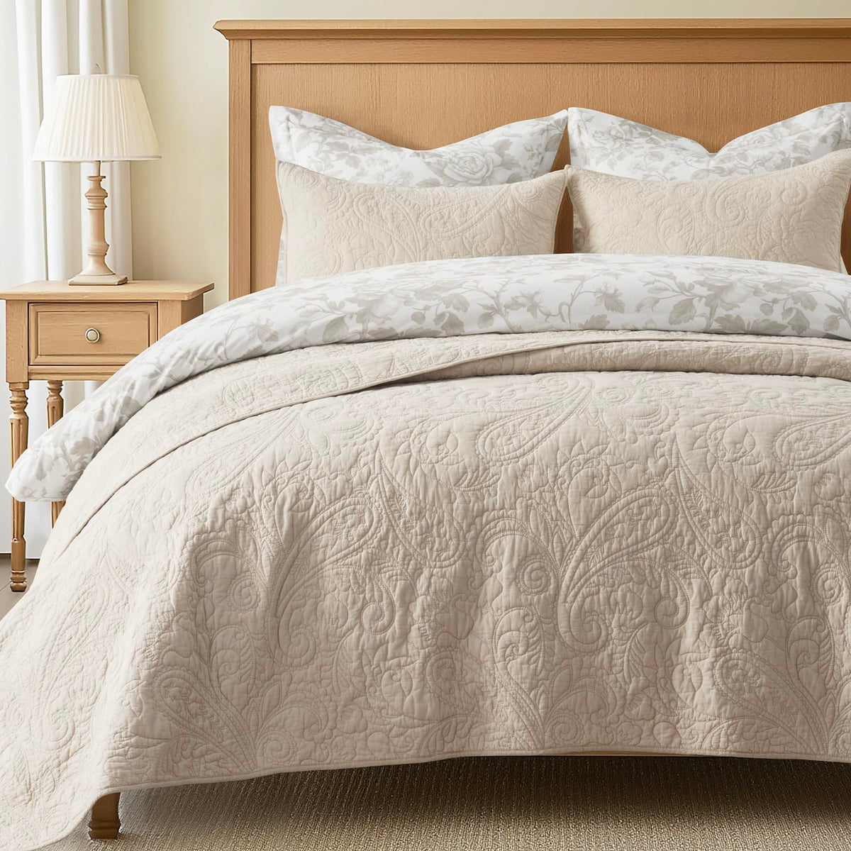 Evergracehome paisley quilting detail adds cozy rustic bedroom charm.