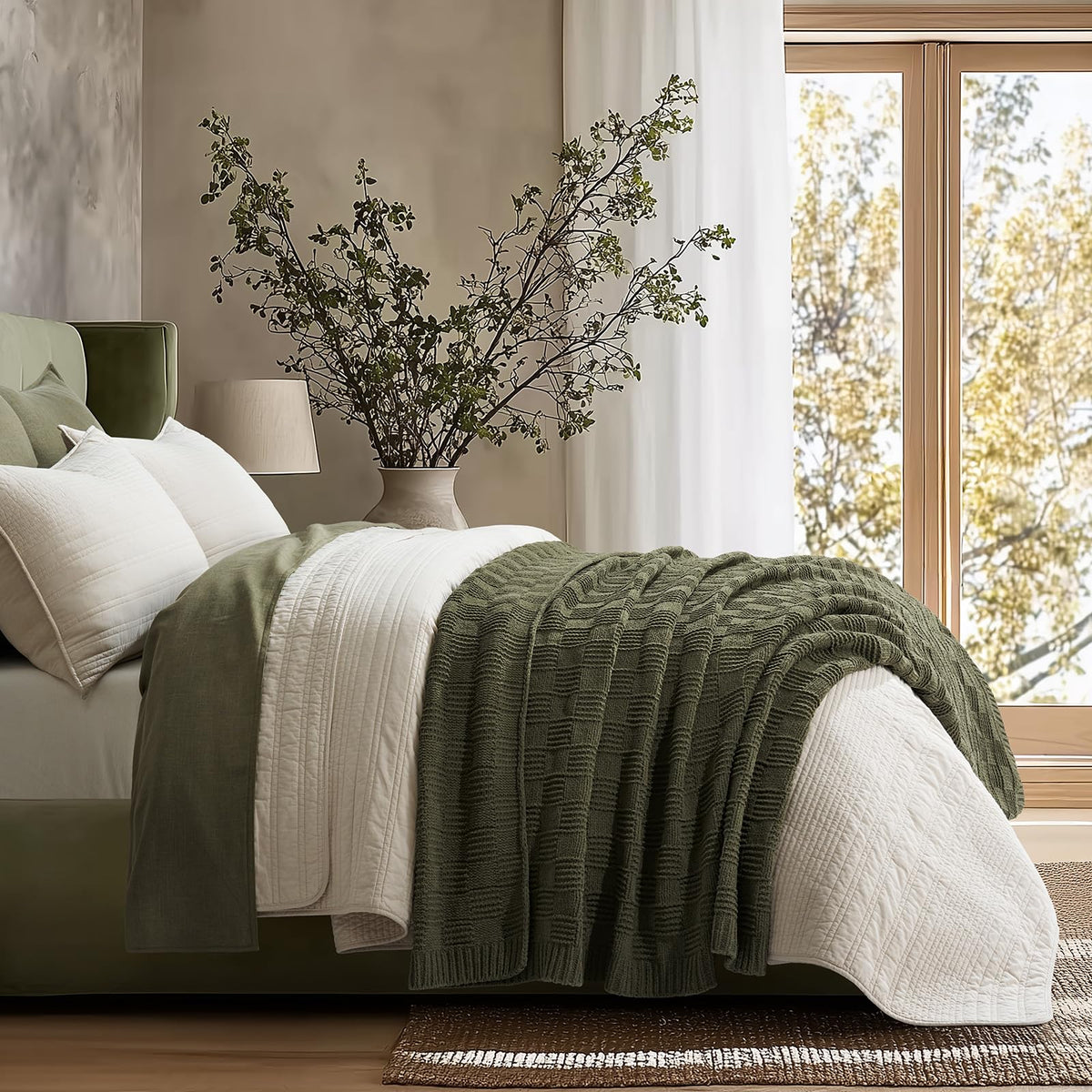 Evergracehome soft plaid knitted chair blanket adds warm texture to seating.