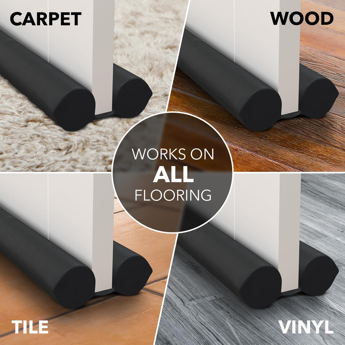 Everlasting Comfort draft stopper works on tile, wood, vinyl, or carpet floors.