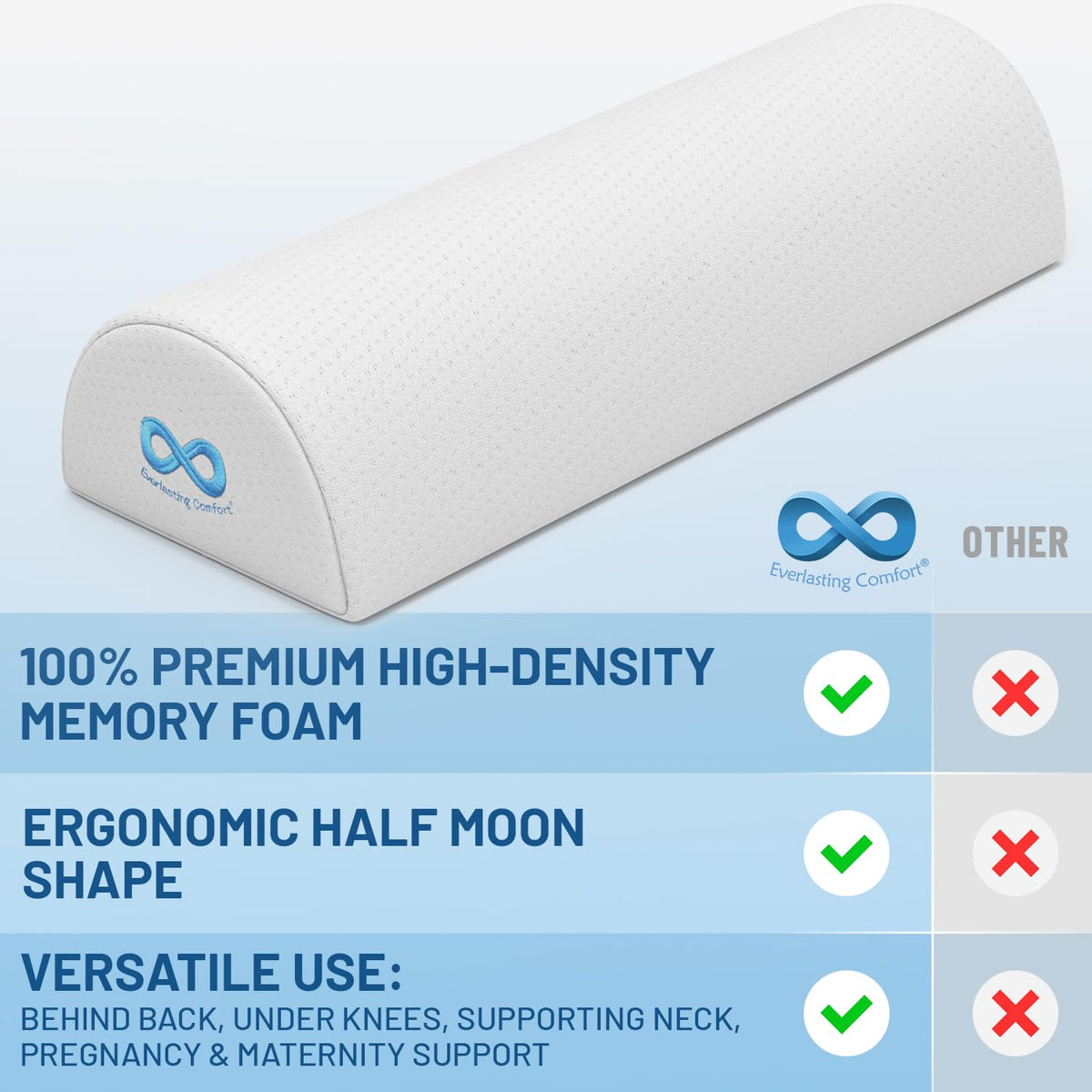 Everlasting Comfort half-moon bolster in side-sleeping position supports spine alignment.