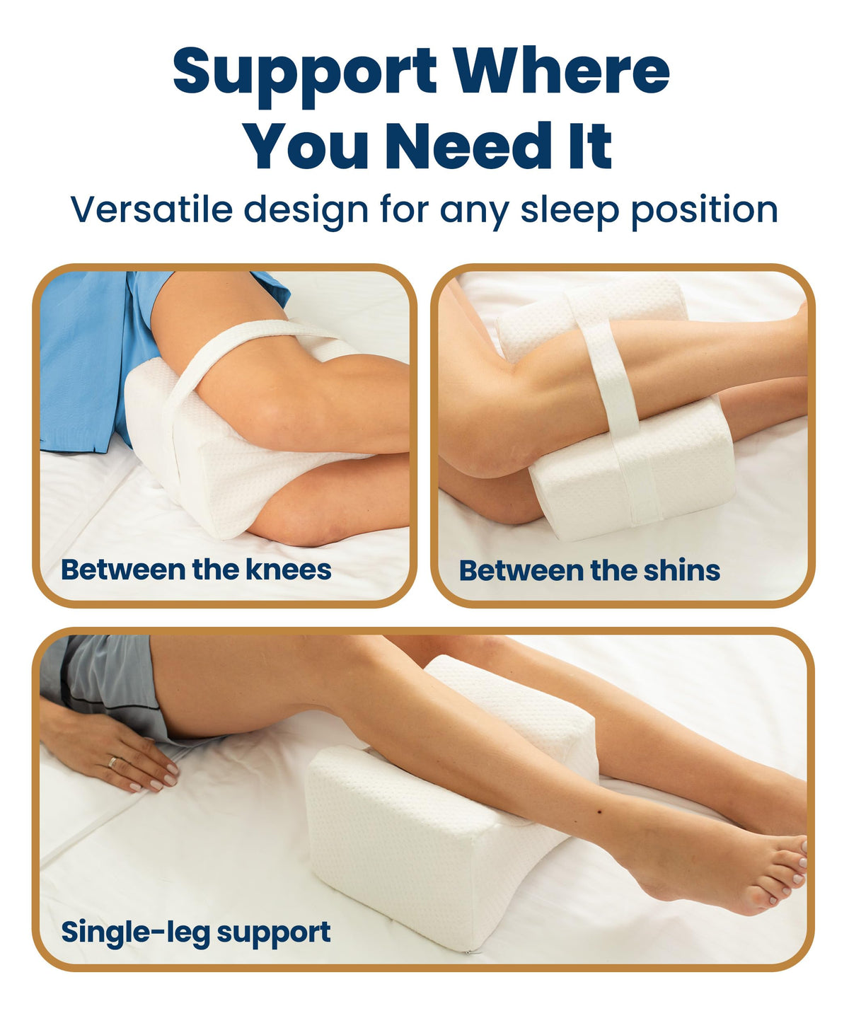 Everlasting Comfort knee pillow with strap keeps it in place during sleep.