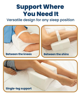 Everlasting Comfort knee pillow with strap keeps it in place during sleep.