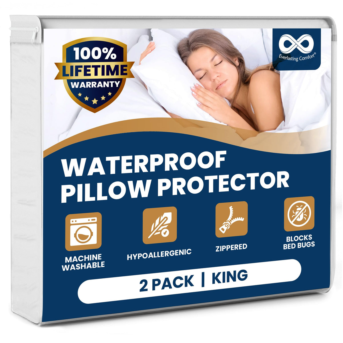 Everlasting Comfort waterproof pillow protector with king zipper protects against spills.
