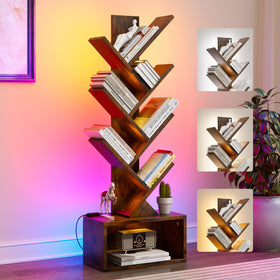 Evermagin 6-tier tree bookshelf with lights enhances ambiance in living spaces.