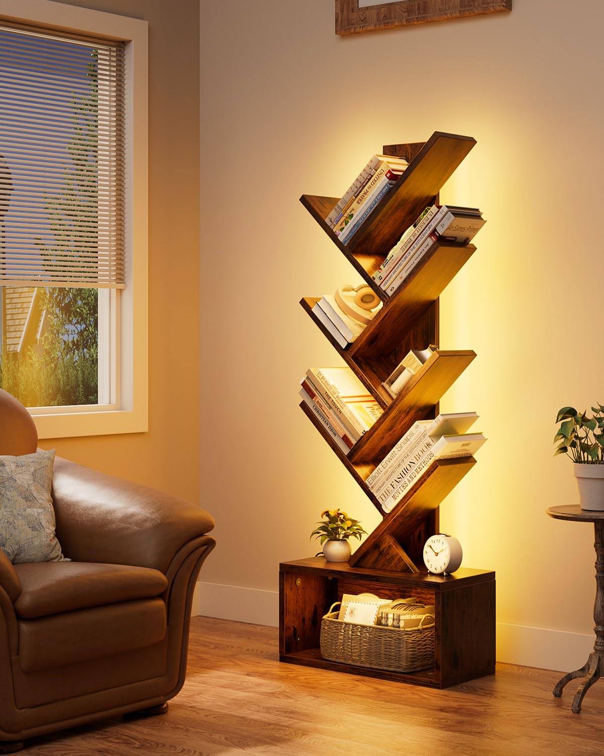 Evermagin 6-tier tree bookshelf with remote and app control for lighting.