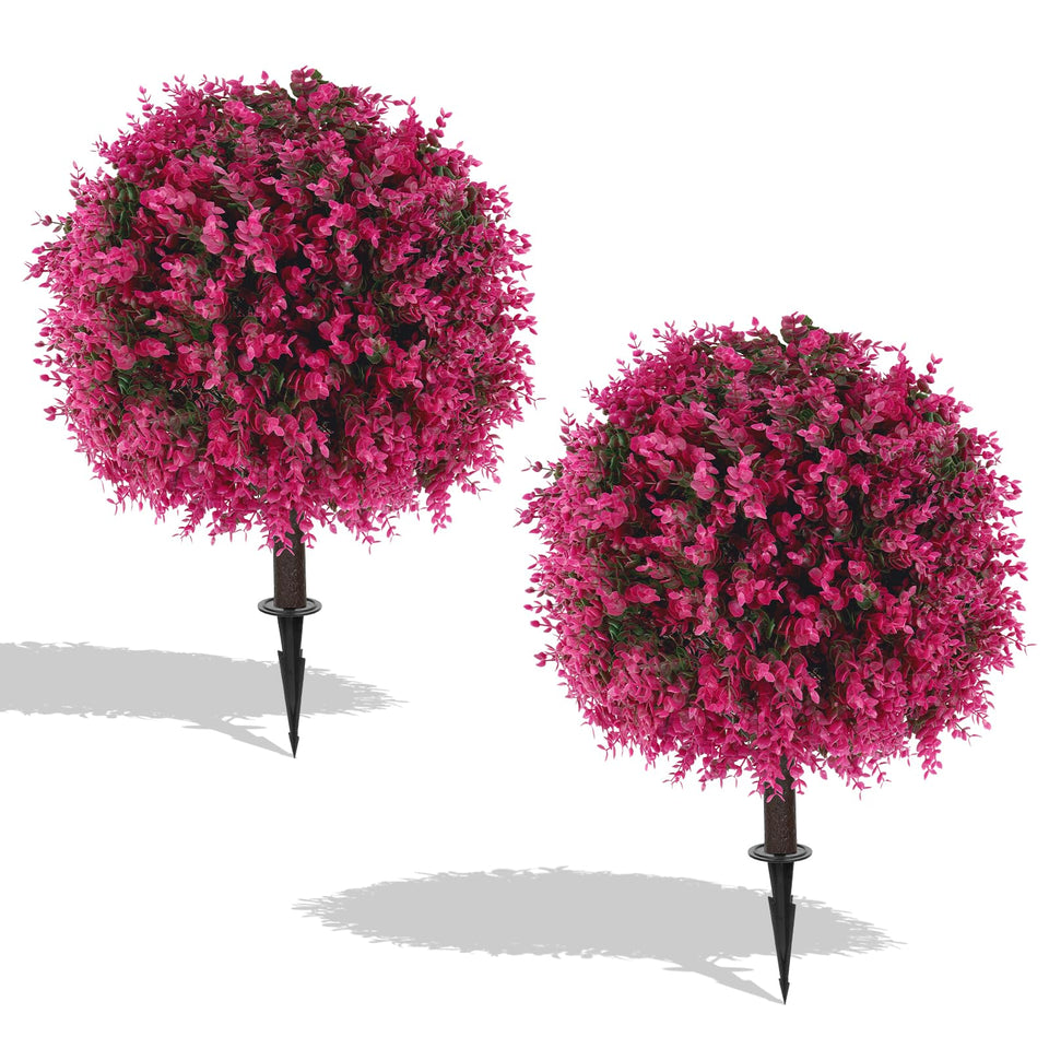 EverNature pink eucalyptus topiary ball, left view, UV-resistant color enhances outdoor curb appeal.
