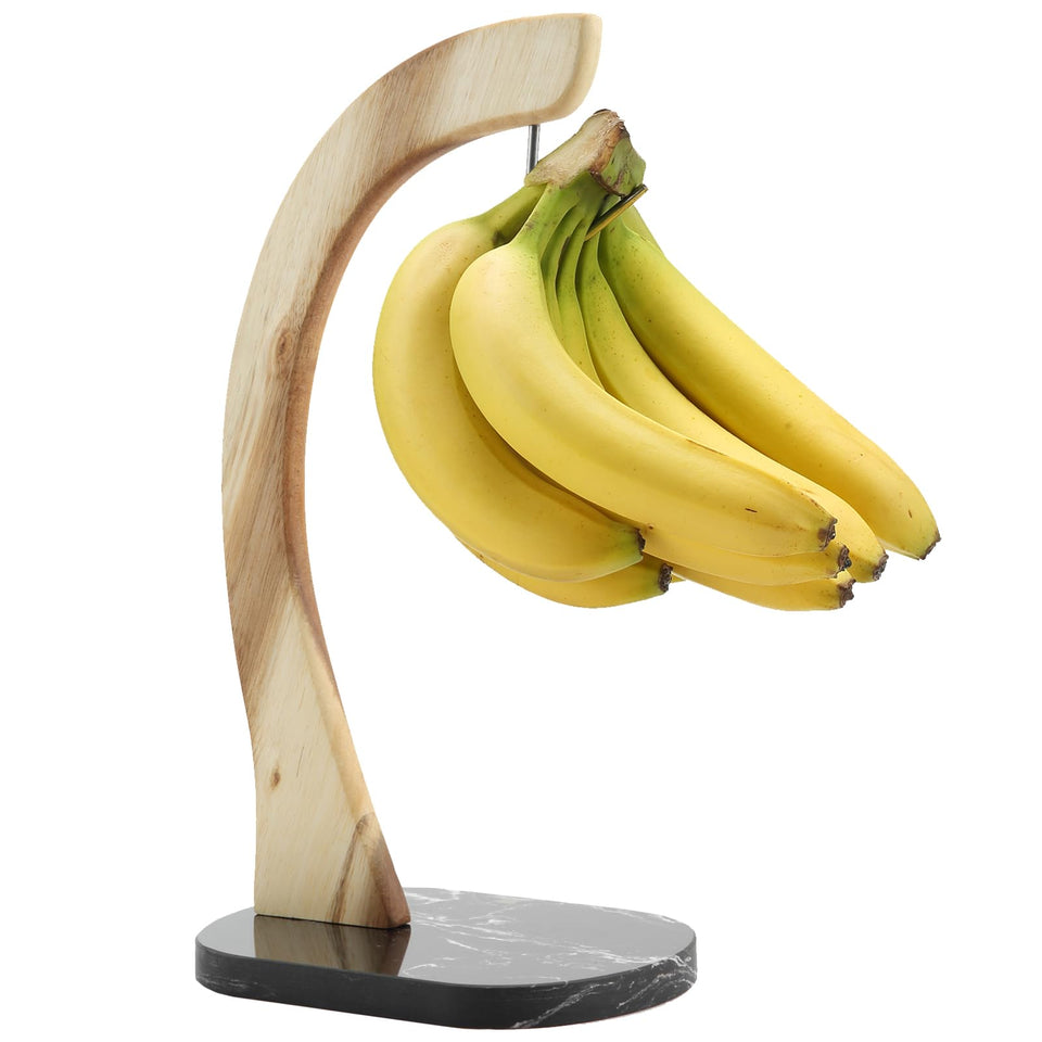 Everous banana hanger with black marble base keeps fruit neatly organized.