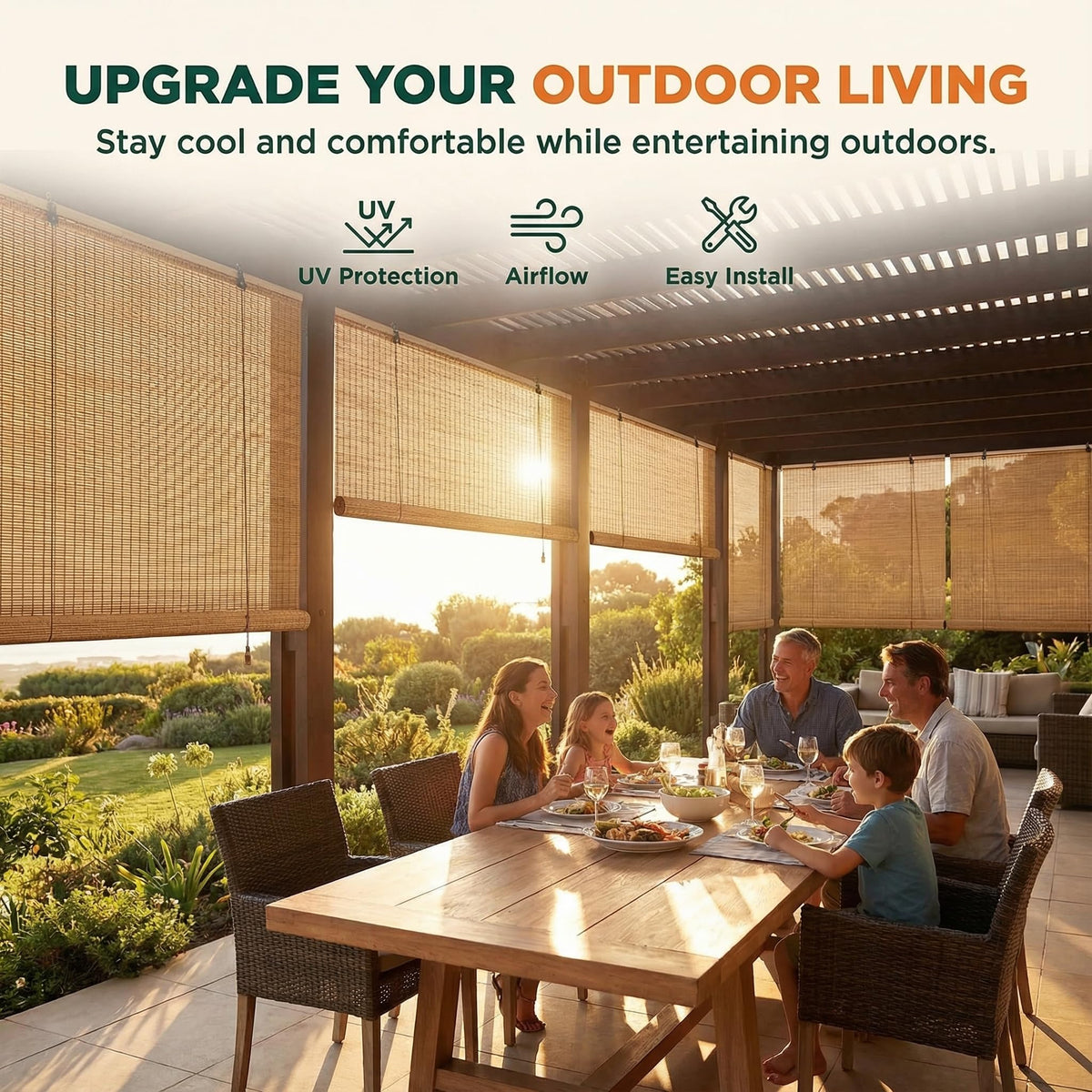 EVOZEN bamboo blinds indoor-outdoor-use suit patios and windows with year-round comfort.