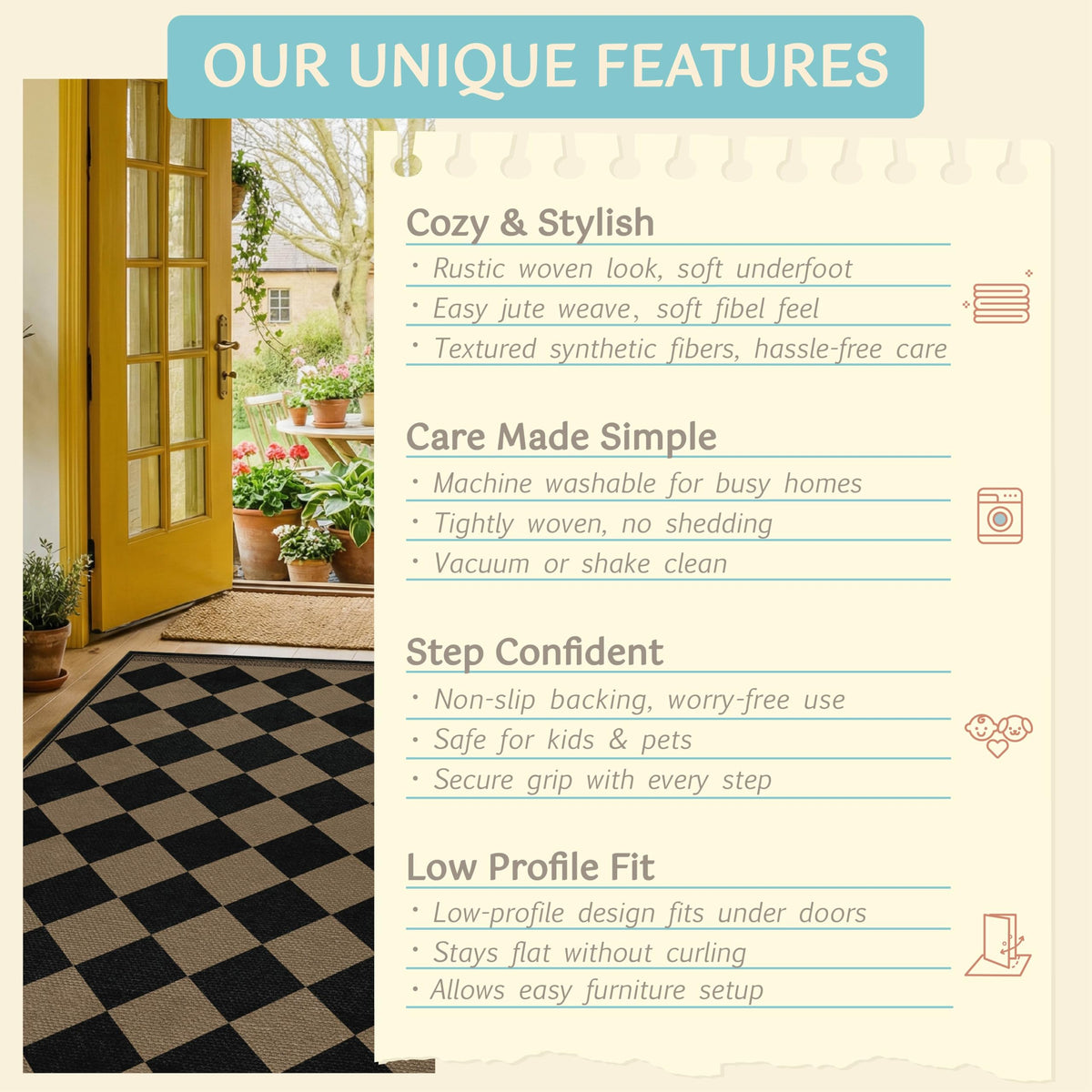 Evyhood Easy Jute Rug laundry room use case shows durable, easy-care mat for busy homes