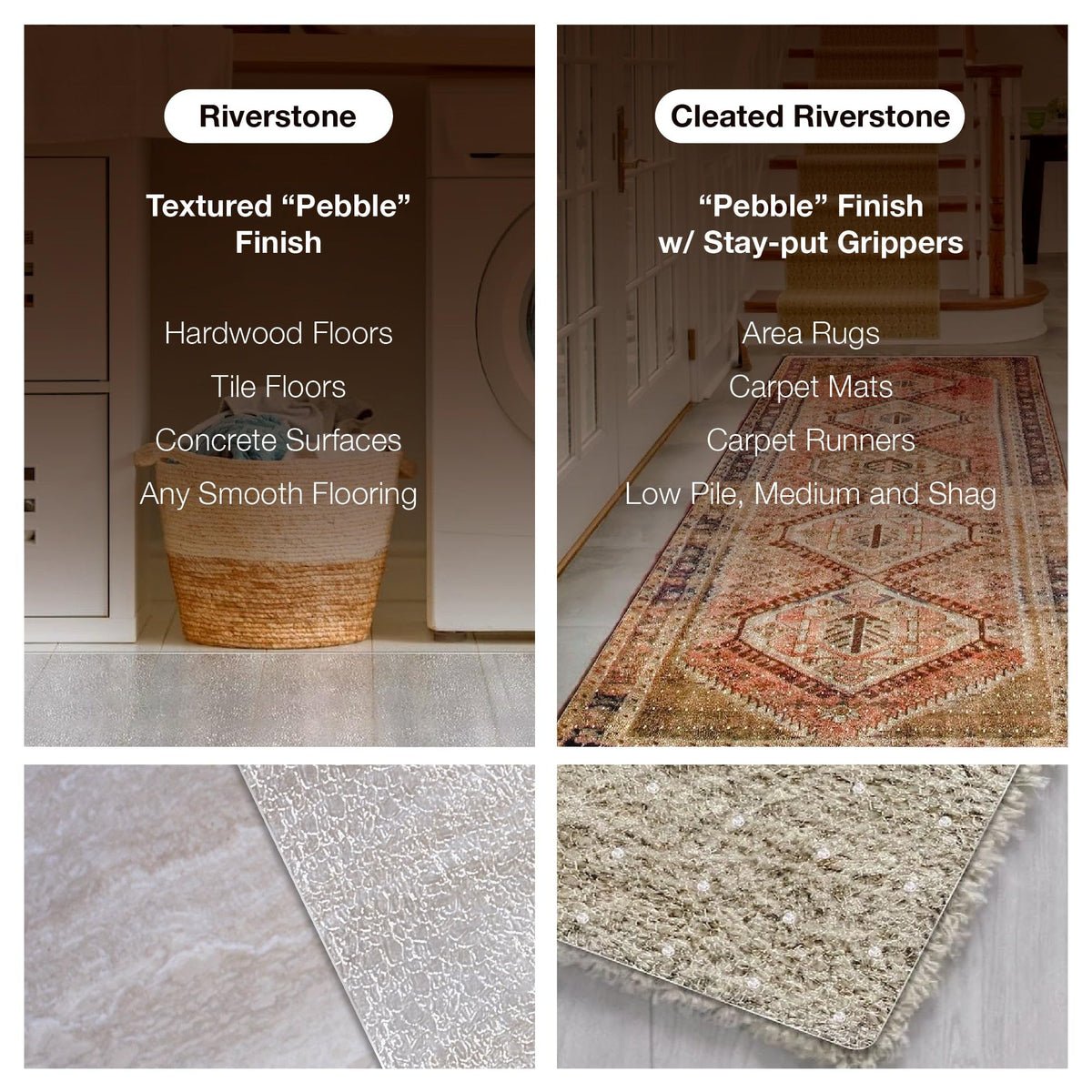 ExactMade clear carpet runner close-up highlights 2mm cleated vinyl for strong grip.
